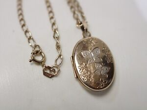 9ct Gold Locket Pendant Butterfly Design  375 Chain 18" Necklace 5.8g - 221