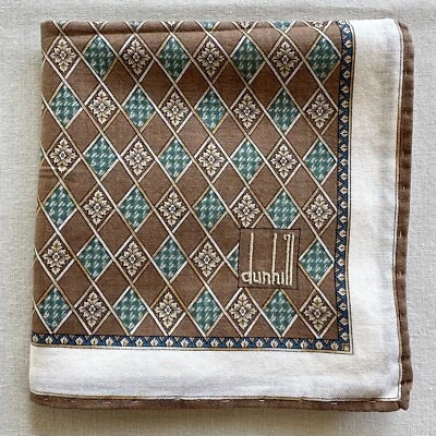 VTG dunhill Handkerchief Brown Cotton Geometric & Lattice Art Pocket Square 20" - Image 1 of 3