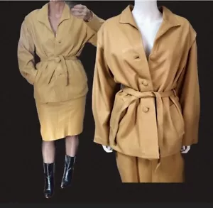 Vtg 1980s Buttery-Soft BUTTERNUT Color *LAMBSKIN LEATHER Skirt Suit Sz-M - Picture 1 of 10