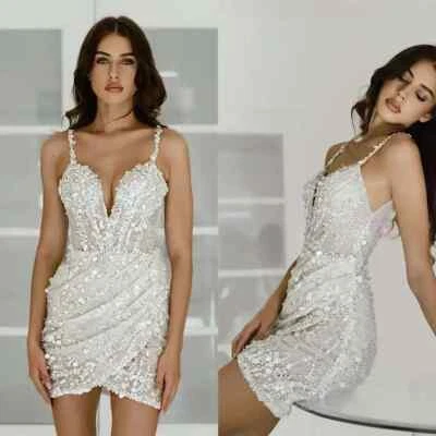 Classic Wedding Dresses A-line V-Neck Sequined Sleeveless Backless Mini Gowns - Image 1 of 4