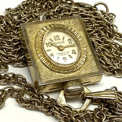 "Reloj Colgante Condor Vintage Tono Dorado 17 Joyas Cuerda Manual con Cadena Collar 36""" Foto 1 de 4