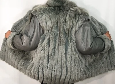 Real Fur Arctic Blue Fox Vintage Leather Sleeves Oversized Coat L FR442 - Image 1 of 4