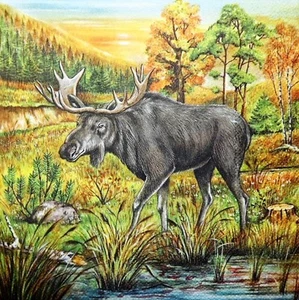 4 einzelne Papierservietten Elch Hirsch Wald für Decoupage Basteln und Tisch 23 - Bild 1 von 2