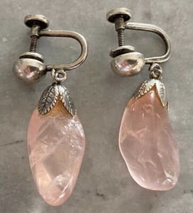 Vintage Antique Women's Sterling Silver Rose Quartz Stone Clip On Earrings .925 - Picture 1 of 7