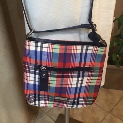 TOMMY HILFIGER Madras Plaid Fabric Crossbody Purse Adjustable Navy Strap Y2K - Image 1 of 4