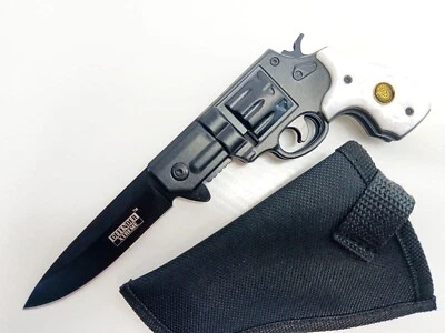 Pistola de mano pistola carpeta cuchillo de bolsillo policía proteger y servir hoja asistida por resorte Foto 1 de 4