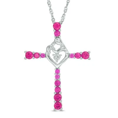 2mm Round Ruby & Diamond Mom & Baby Heart Cross Pendant Necklace 14K Gold Plated - Image 1 of 3