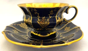 Lindner Kueps Bavaria Tea Cup and Saucer Echt Cobalt Blue & Gold Floral Vine - Picture 1 of 7