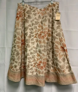 Coldwater Creek Floral Embroidered Below Knee Linen Lined Skirt XL Khaki/Brown - Picture 1 of 3