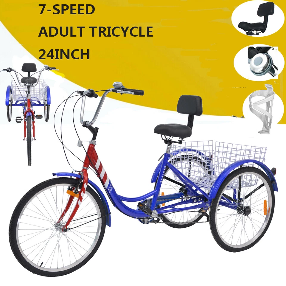 Triciclo 7 velocidades 3 rodas cruzador bicicleta 24 polegadas ao ar livre feminina masculina bicicleta com cesta - Imagem 1 de 4