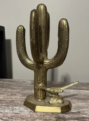 De colección 7.5" Latón Saguaro Cactus & Roadrunner Decoración del Desierto del Suroeste Foto 1 de 4