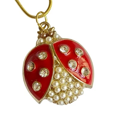 Collar Ladybug Cristal Chapado en Oro 16-18" Cadena Insecto Rojo Esmalte Perla Foto 1 de 4