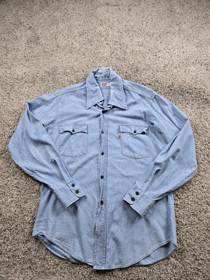 Vintage Levi's Shirt Large Chambray Western Orange Tab Pockets Long Sleeve 70s - Image 1 of 4