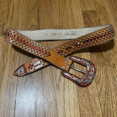 Bb Simon Belt 1857 S84 Red Silver Brown Tan Leather Belt M - Image 1 of 4