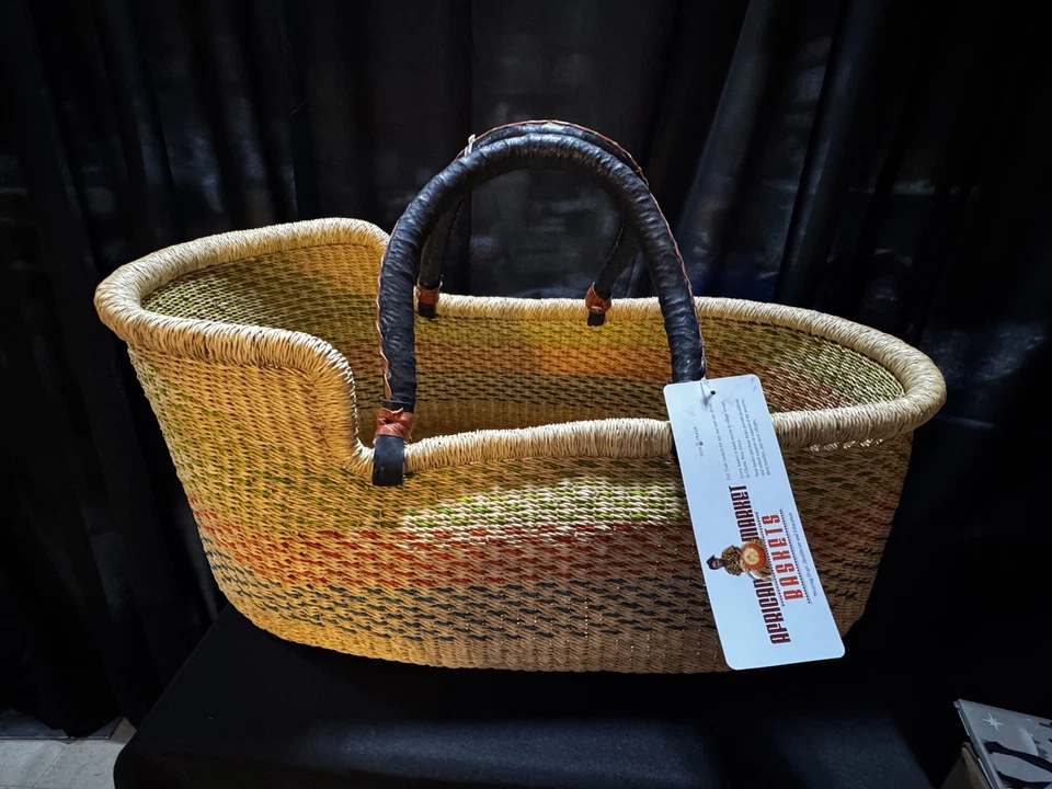Autêntico berço Gana Market Moses Basket tecido à mão couro grama  - Imagem 1 de 4