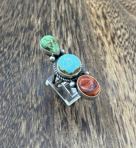 Native Navajo Handmade Sterling Silver Mixed Stone Turquoise Cluster Ring Size 7 - Picture 1 of 4
