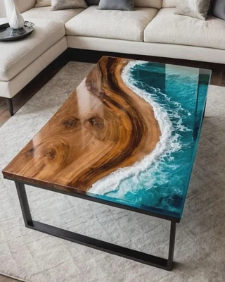 Ocean Epoxy Resin Table | Handmade Wooden Furniture | Resin River Table for Gift - Image 1 of 4