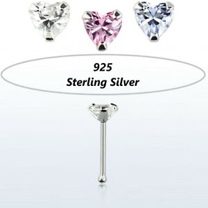 925 Sterling Silver Pin Nose Stud with 3mm Heart CZ stone Piercing