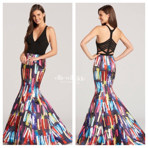 VERSACE Top nuovo con etichette Ellie Wilde by mon Cheri EW118164 lavorato a maglia con gonna multicolore marmaid