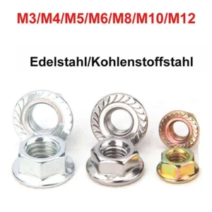 Flanschmutter Edelstahl A2 V2A DIN 6923 Kohlenstoffstahl Zahnmutter M3 M4 M5-M12 - Picture 1 of 17