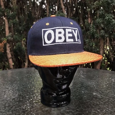 OBEY Colorblock Azul Marino/Naranja Repujado Cocodrilo Imitación Cuero Snapback Gorra Sombrero OS Foto 1 de 4