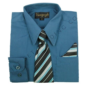 Boys Denim Blue Dress Shirt V2000 with Matching Tie & Hankie Long Sleeve 4 to 20 - Picture 1 of 5
