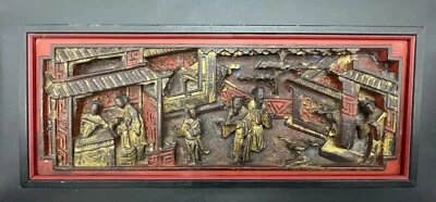 Antiguo panel decorativo chino de madera dura tallado, dorado y lacado, 1870 Foto 1 de 4