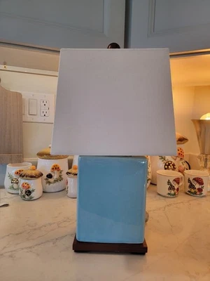 Ralph Lauren Blue Table Lamp Crackle Porcelain W / Wood Finial & Shade  - Image 1 of 3