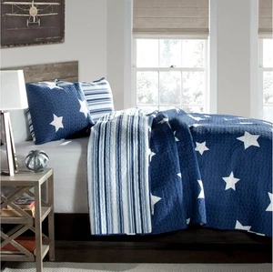 Lush Decor Star Quilt - Reversible 2 Piece Pattern Striped Bedding Twin, Navy  - Picture 1 of 3