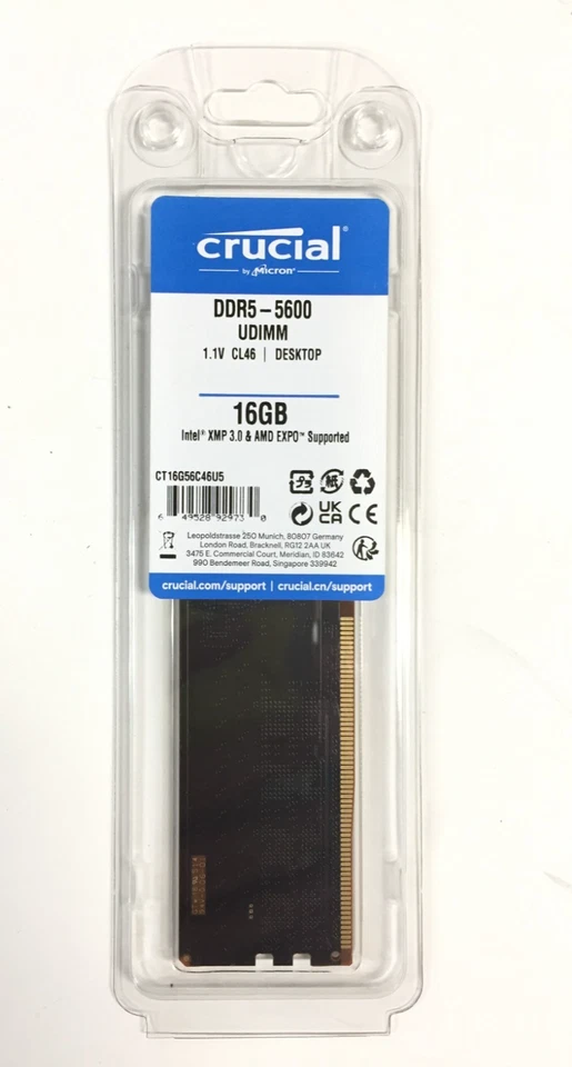 Crucial 16GB DDR5 RAM 5600MHz 288-Pin Desktop Memory 5600 UDIMM CT16G56C46U5