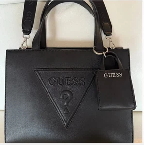 NWT GUESS PANYA SHOULDER BAG CROSSBODY PURSE BLACK TOTE W MINI POUH KEY RING - Picture 1 of 8