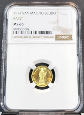 1974 SAN MARINO GOLD 1 SCUDO RESUMPTION OF COINAGE NGC MS 66 RARE GEM BU - Image 1 of 3