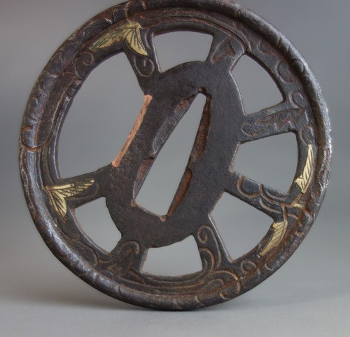 Tsuba guard wheel ivy openwork inlay Samurai sword fitting Edo | eBay