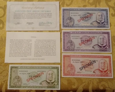 TONGA  COMPLETE 4 SPECIMEN SET 1978 w/COA  003361 CS1 P 19 - 22 UNC COA - Image 1 of 3