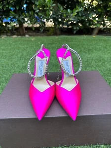 NEW Jimmy Choo Saeda 100 Crystal Chain Satin Pointed Toe Pumps Size US 7.5 - Picture 1 of 11