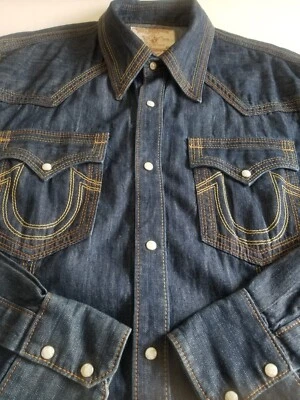 True Religion Denim Shirt Long Sleeve Pearl Snap Western Cotton Casual Men's 3XL - Image 1 of 4