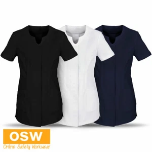 Ladies Modern COLLARLESS V-Shape Neck TUNIC, Spa Salon Beauty, Black/White/Navy - Picture 1 of 5