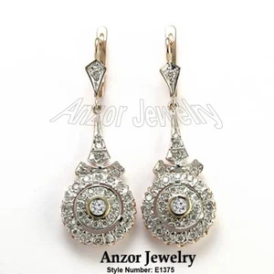 14K SOLID ROSE & WHITE GOLD GENUINE DIAMOND DROP EARRINGS #E1375 - Picture 1 of 3