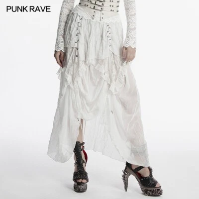 Punk Rave Women White Gothic Punk  Asymmetric High-Low Ruffled Chiffon Skirt - Image 1 of 4