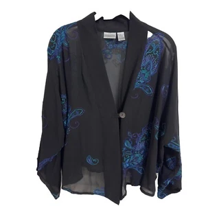 Chico’s Black Sheer Silk Embroidered One Button Kimono Cardigan Jacket Sz M/L - Picture 1 of 8