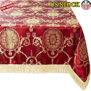 Damask Tablecloth Burgundy Gold Fringe Emblem Design 60x120 Oblong/Rectangle New - Picture 1 of 4