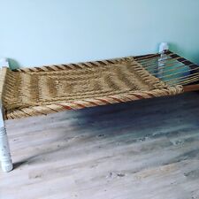 Rare Indian Rajasthani charpai daybed, painted grey wood and jute, 3 x 6.1 ft 