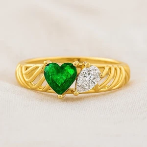Lab Grown Emerald &Diamond Toi- Moi Ring Solid 14K Gold May Birthstone #1028 - Picture 1 of 20