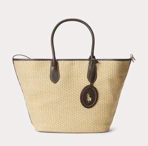 Polo Ralph Lauren italienische Bellport Damenhandtasche Stroh Raffia Lederbesatz - Bild 1 von 7