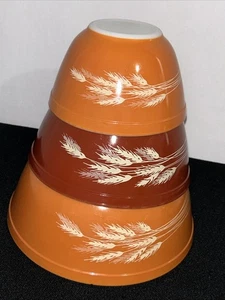3 Vtg Pyrex Autumn Harvest Wheat Nesting Mixing Bowls #403, 402, 401 - Picture 1 of 18