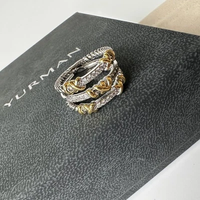 Anillo David Yurman Tres Filas Plata de Ley y Oro Amarillo 18K y Diamantes Talla 8 Foto 1 de 4