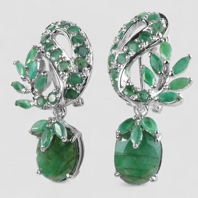 Graceful Green Emerald 925 Sterling Silver White Gold Plated Handmade Earrings - Image 1 of 4