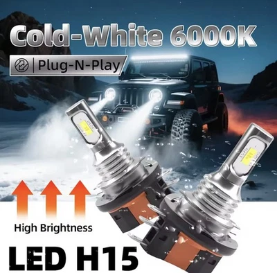 H15 LED Headlight Bulbs 20000LM 6000K White CSP 12V Plug & Play Pair - Image 1 of 4