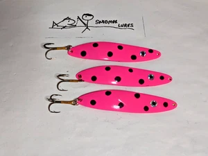 3 - 7/8 oz Metal Fishing spoons Pink and Black spots Trolling Drifting Salmon - Picture 1 of 6