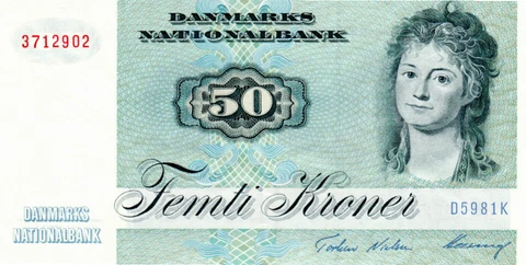 Denmark 50 Kroner aXF Banknote 1998 P-50o Prefix D5 Sielsen-Heering Signature Cover